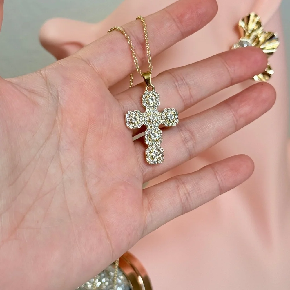 Zara Gold Cross Pendant Necklace with Clear Crystal Accents